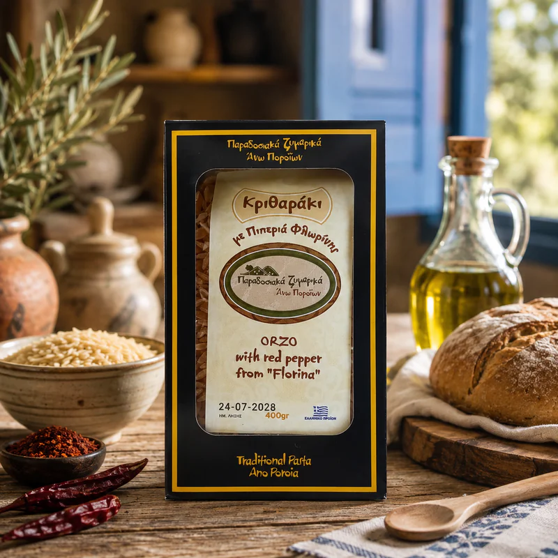 Συσκευασία Κριθαράκι με πιπεριά Φλωρίνης, 400 g