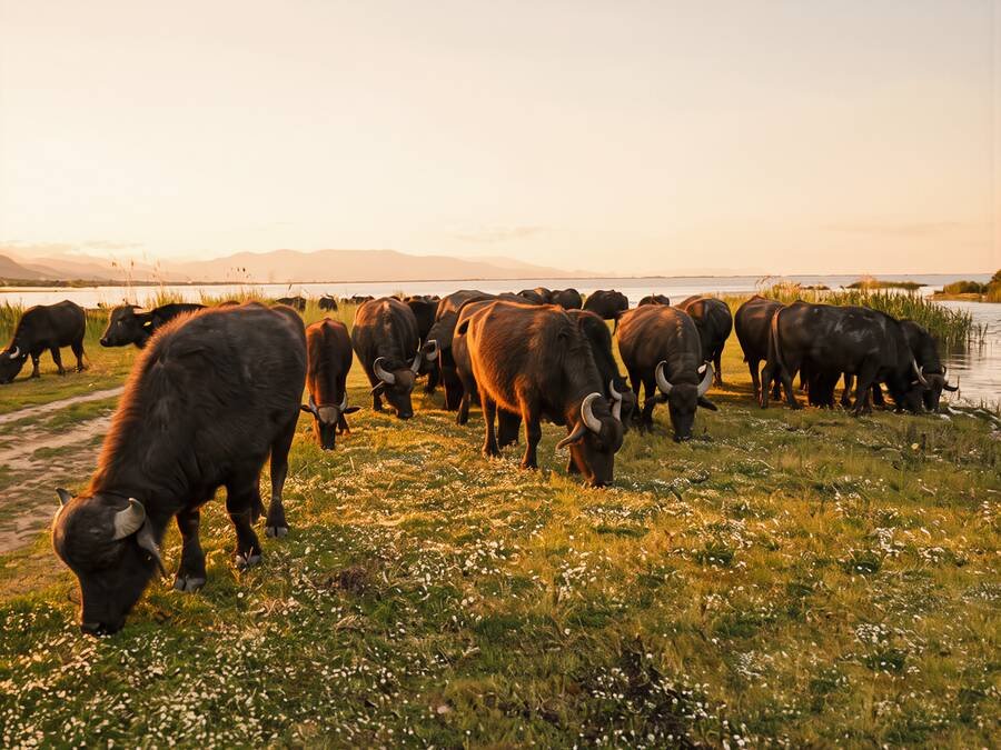 A herd of buffalo grazing freely on the banks of Lake Kerkini